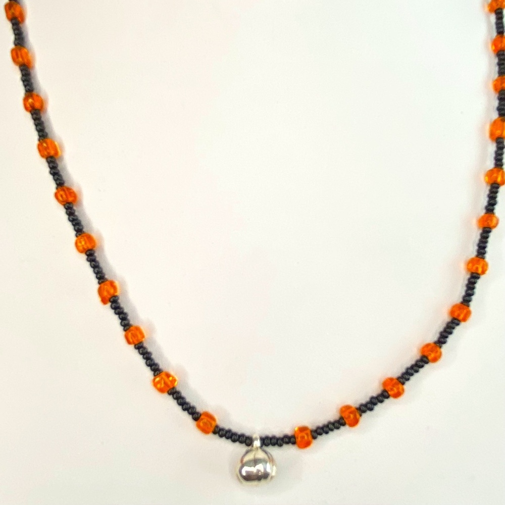 Silver Tone Pumpkin Pendant Black & Orange Beaded Necklace